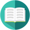 Circular graphic split into two teal shades with an open book with an open book illustration in the centre